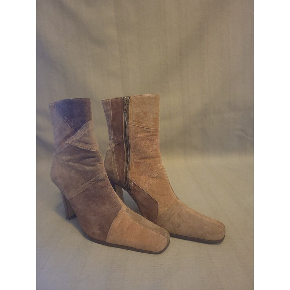 Vintage Y2K L.E.I. SUEDE PATCHWORK HEELED BOOT BOOTIE BROWN SIZE 8 - Picture 2 of 10